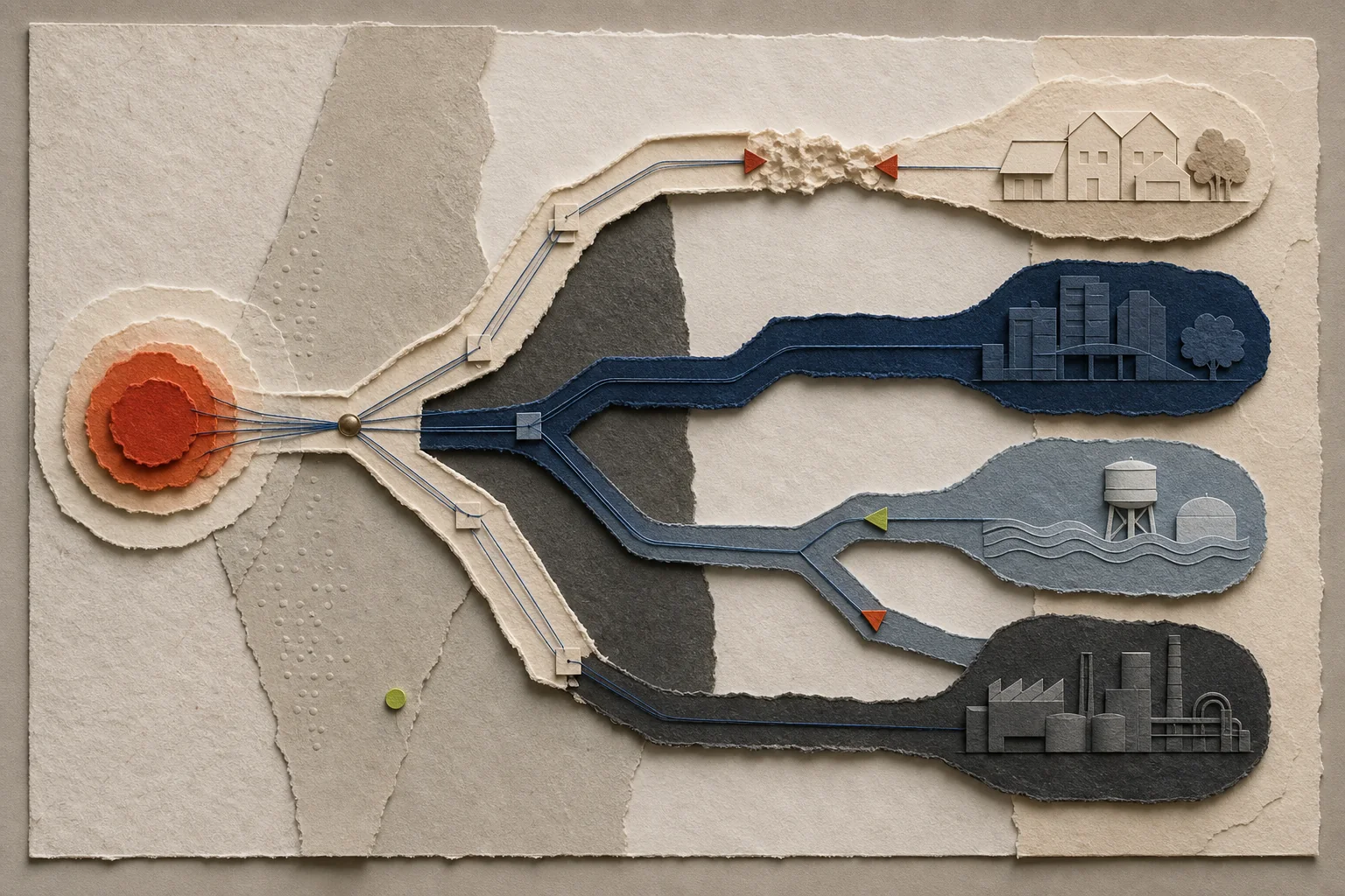A layered-paper system map where one pressure branches toward residential, commercial, municipal, and industrial end markets by different paths