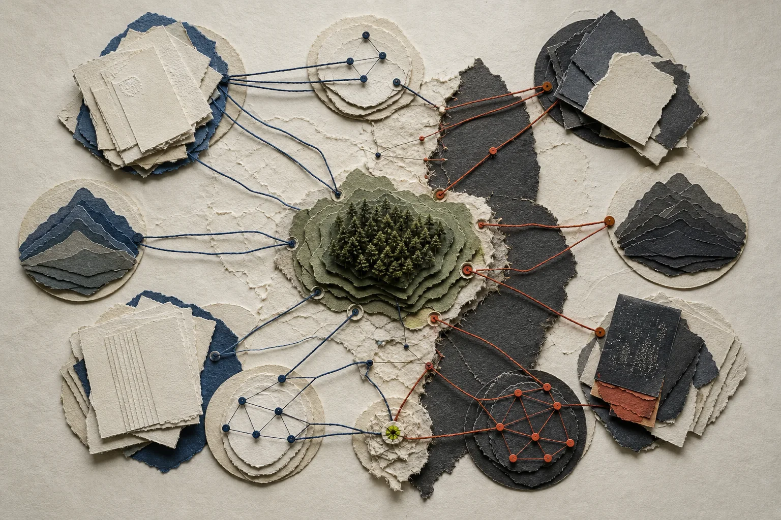 A layered-paper forest project connected to research, ratings, registries, standards bodies, developers, and buyers through opposing evidence paths