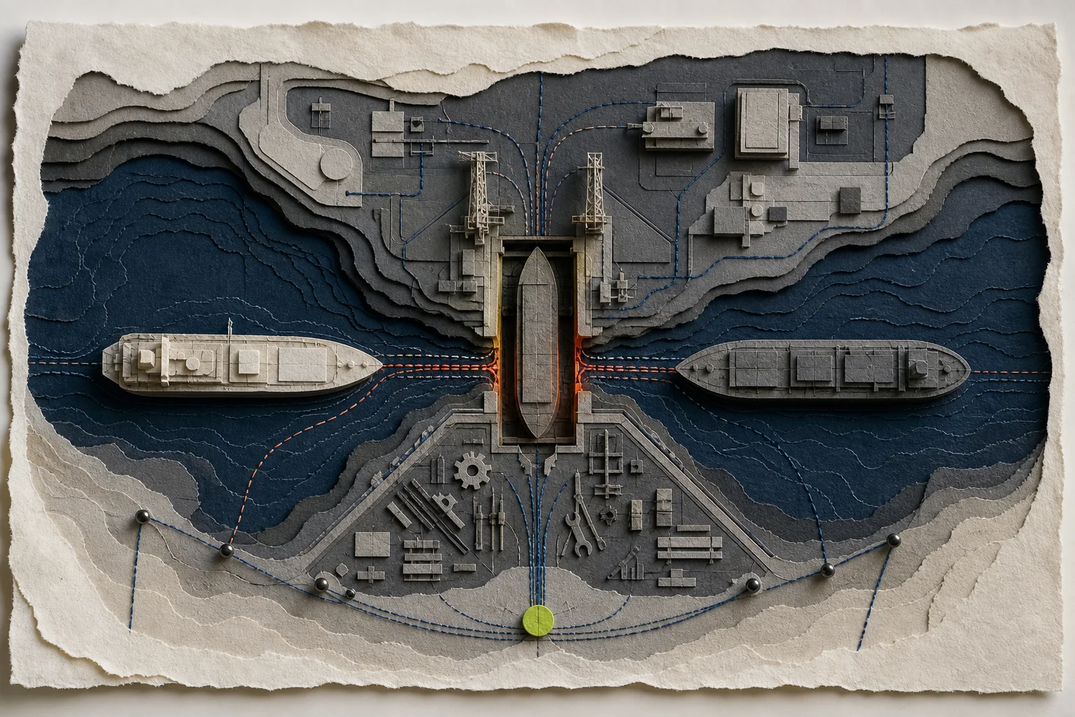 A layered-paper shipyard where new construction and maintenance vessels converge on one limited dry dock and workforce