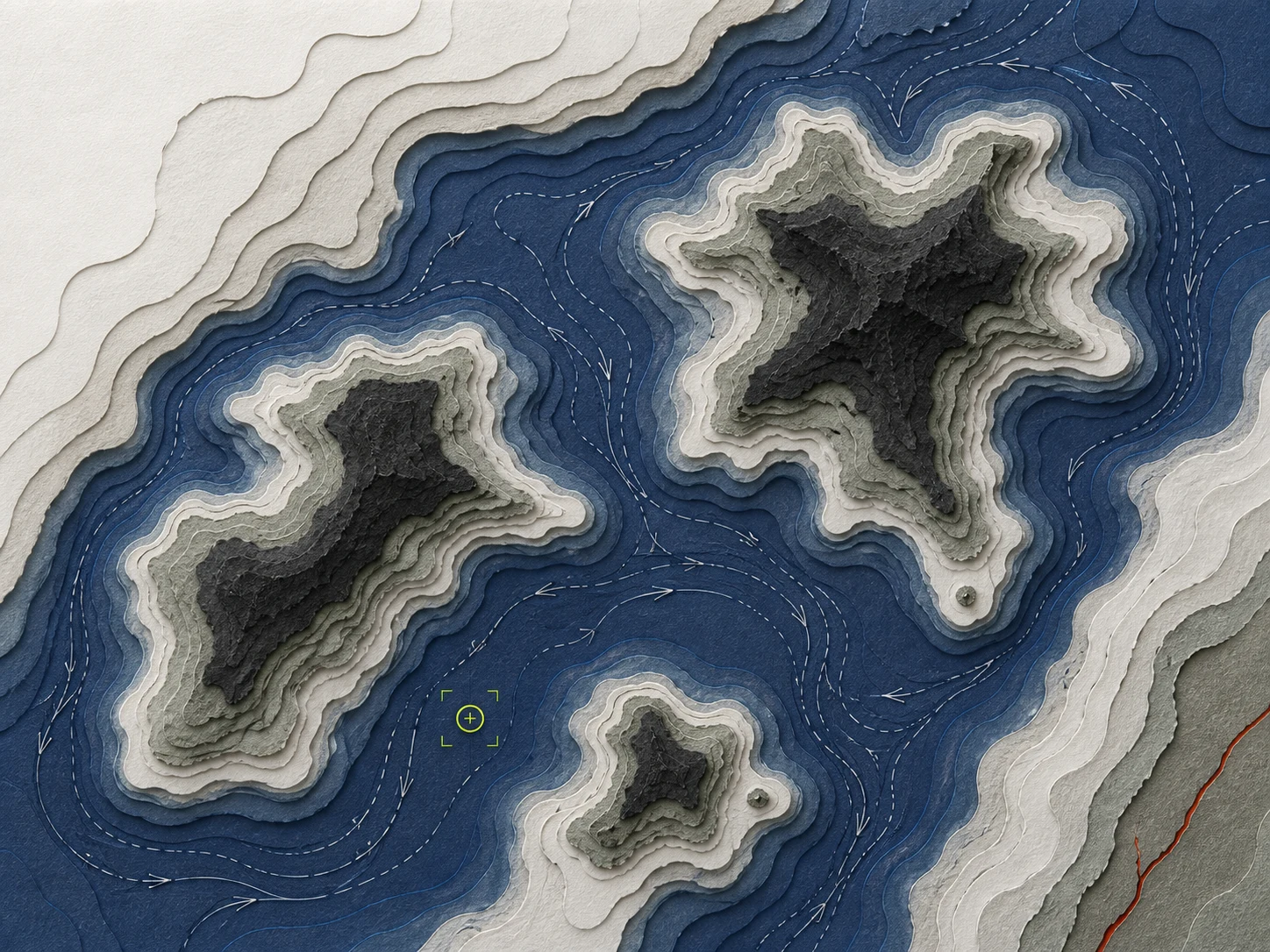 Layered construction-paper archipelago showing islands connected by currents and pressure lines