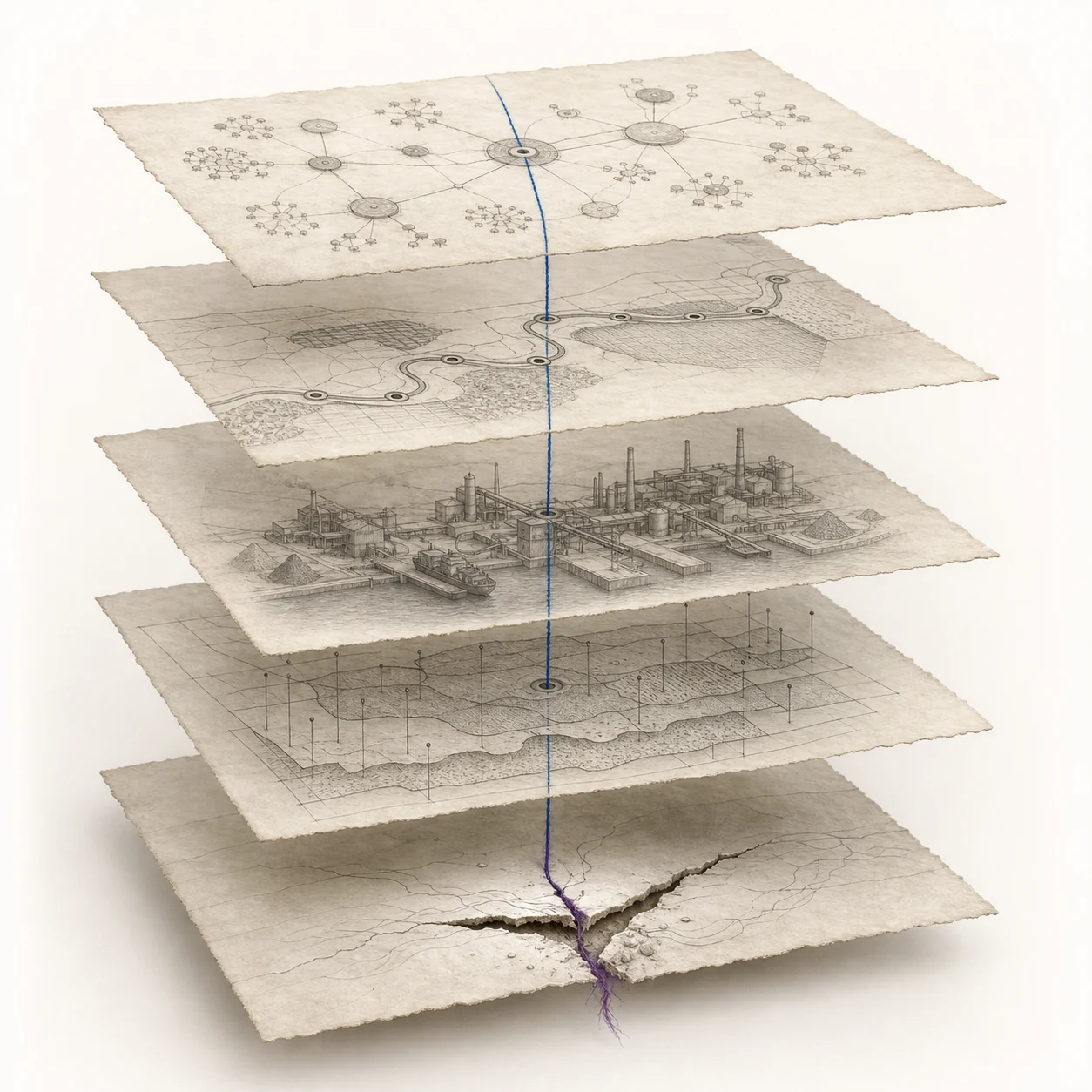 Five paper layers show a source network, a path, an industrial scene, cross-cutting forces, and a seam.